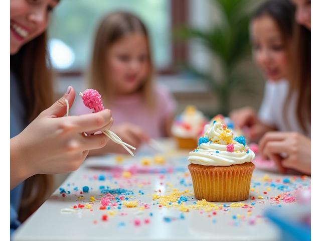 Family-friendly cake decorating class with children and parents