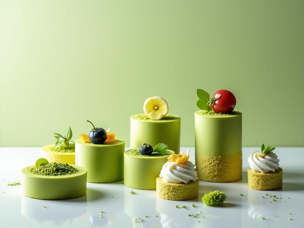 Collection of Japanese-inspired pastries including matcha cakes and mochi