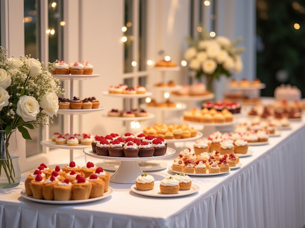 Elegant wedding dessert table setup with multiple tiers of pastries